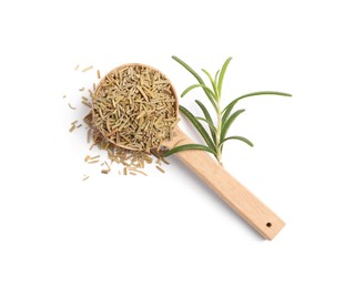 Wooden spoon with fresh and dry rosemary isolated on white, top view