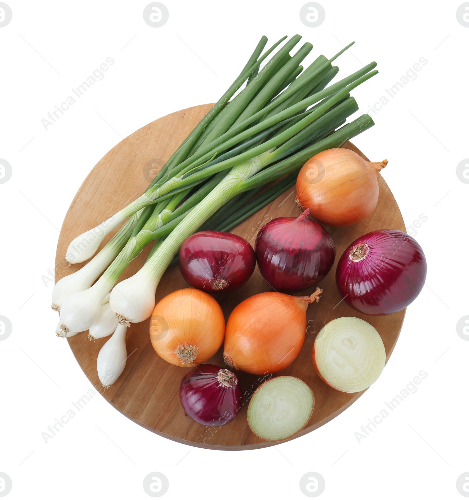 Photo of Wooden board with different kinds of onions isolated on white, top view