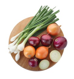 Wooden board with different kinds of onions isolated on white, top view