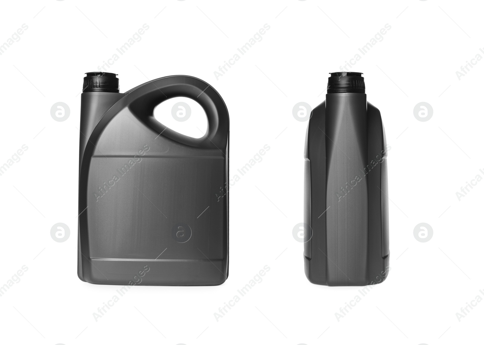Image of Black container with motor oil on white background, different sides