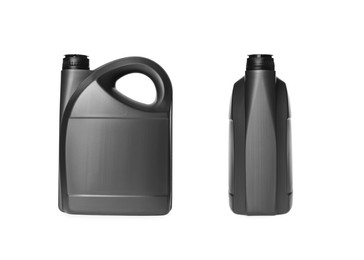 Image of Black container with motor oil on white background, different sides