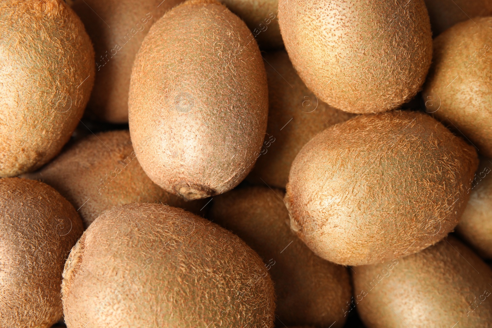 Photo of Many fresh ripe kiwis as background, top view