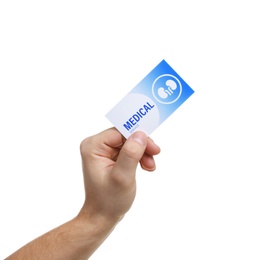 Man holding medical business card isolated on white, closeup. Nephrology service