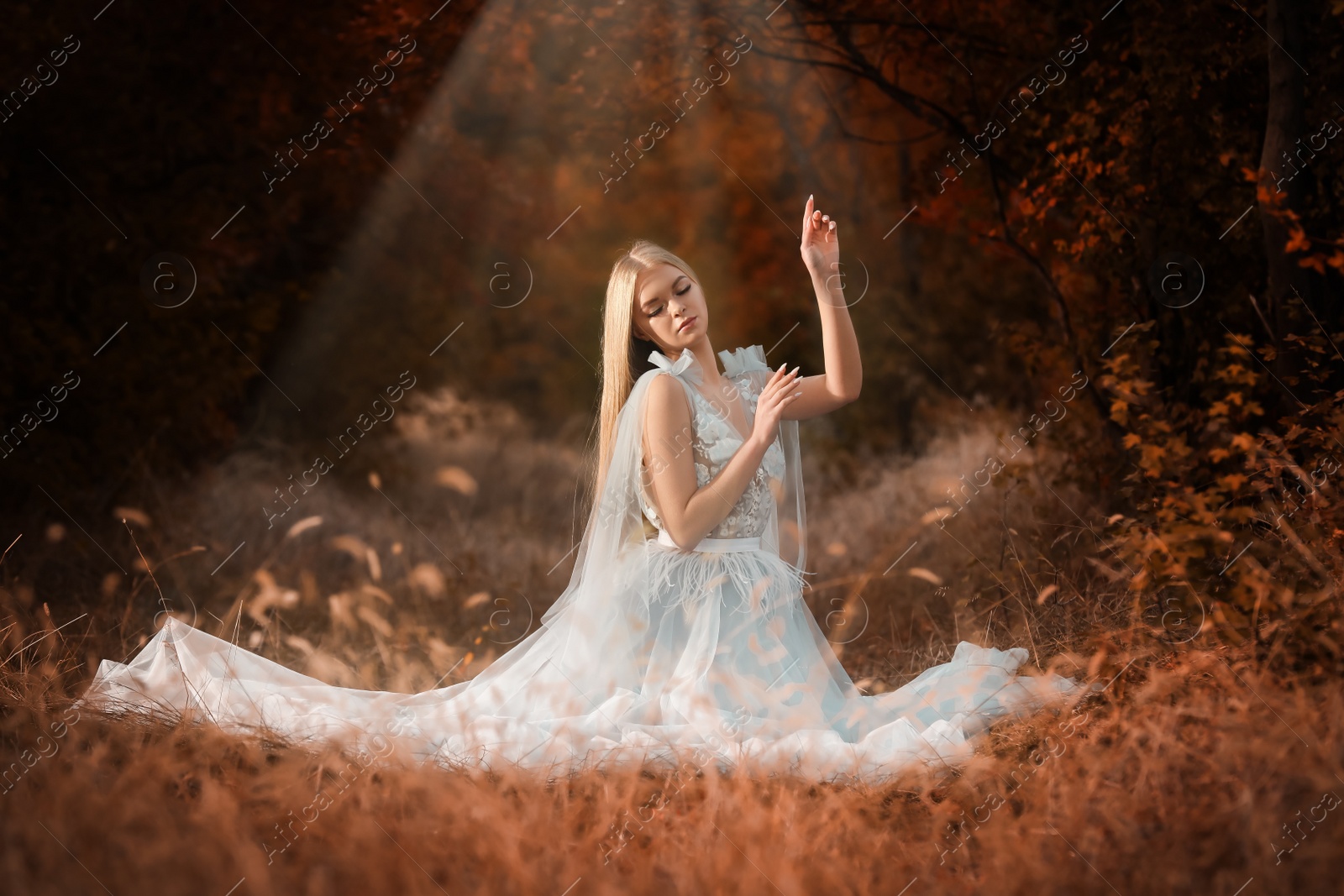 Photo of Beautiful girl wearing fairy dress in autumn forest