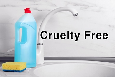 Image of Cruelty free concept. Cleaning product not tested on animals near sink in kitchen