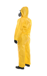 Woman wearing chemical protective suit on white background. Virus research