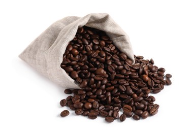 Photo of Overturned bag with roasted coffee beans isolated on white