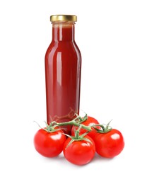 Image of Tasty ketchup and fresh ripe tomatoes on white background
