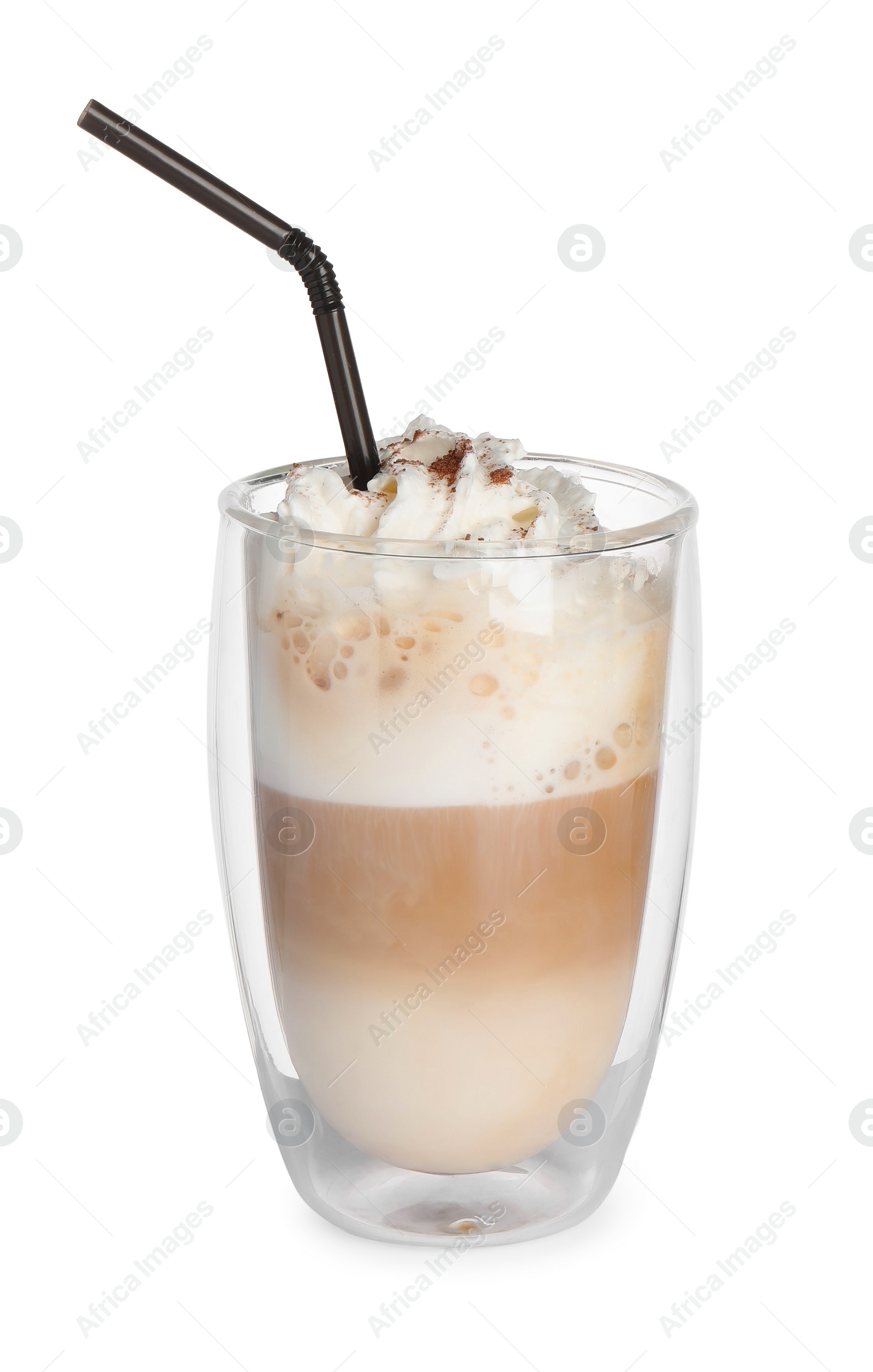 Photo of Delicious latte with whipped cream in glass isolated on white