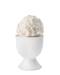 Photo of Bowl with tasty vanilla ice cream on white background