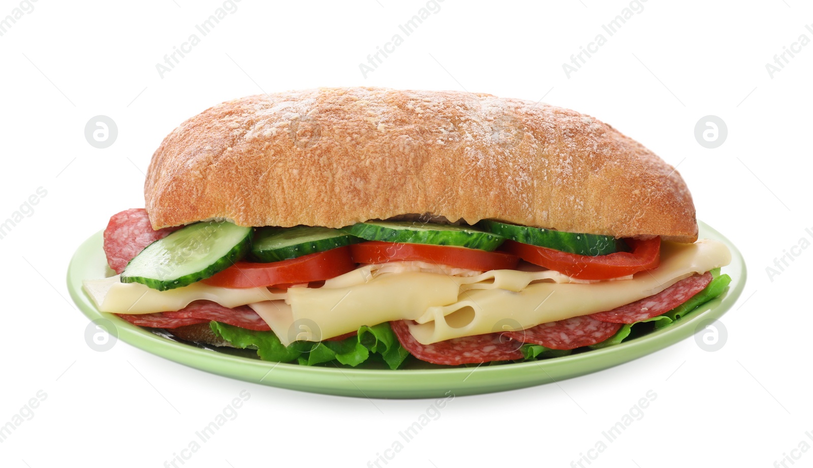 Photo of Delicious sandwich with fresh vegetables, cheese and salami isolated on white
