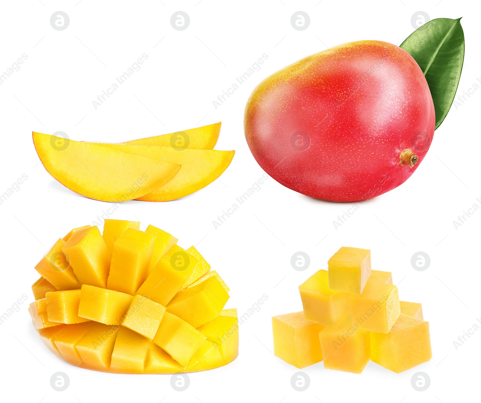 Image of Set with delicious ripe mangos on white background