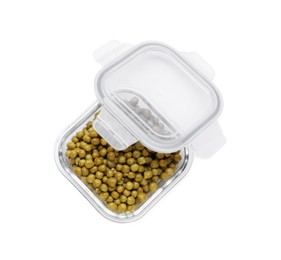 Glass container with tasty peas and lid isolated on white, top view