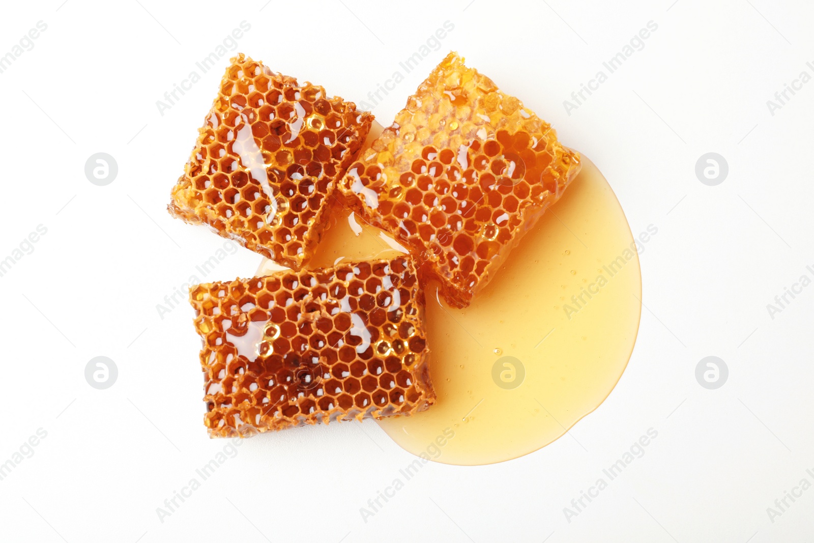 Photo of Fresh honeycombs on white background, top view