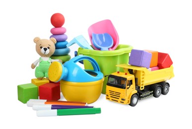 Photo of Many different children's toys isolated on white