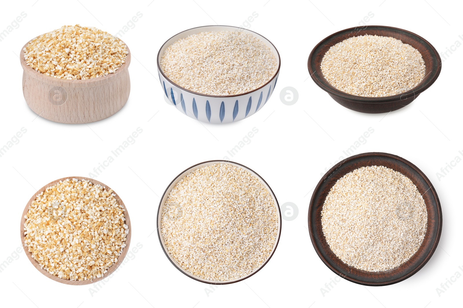 Image of Collage of dry barley groats in bowls on white background, top and side views