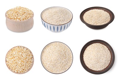 Image of Collage of dry barley groats in bowls on white background, top and side views