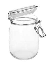 Photo of Empty glass jar on white background