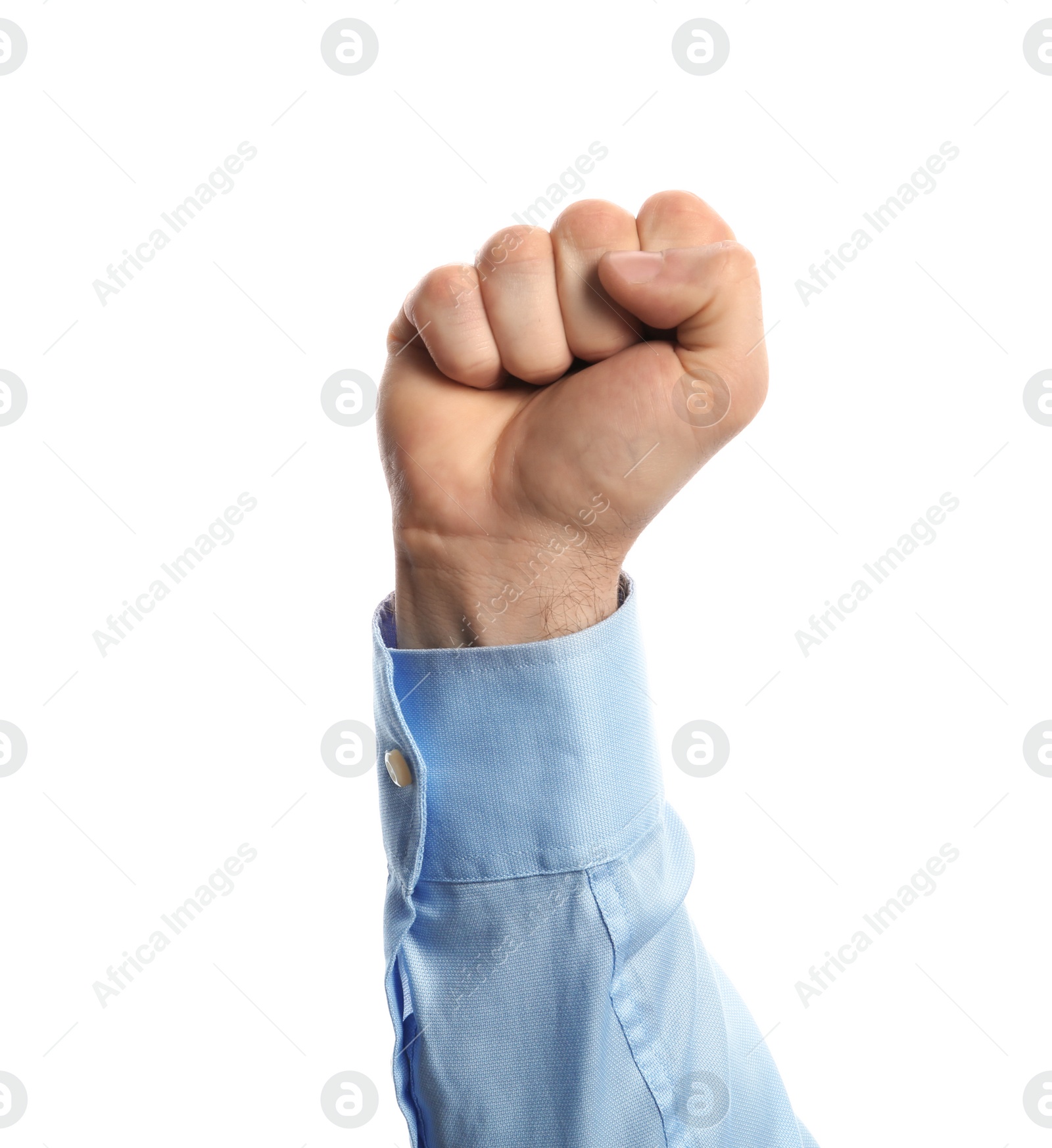 Photo of Young man showing clenched fist on white background