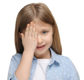 Photo of Little girl covering her eye on white background