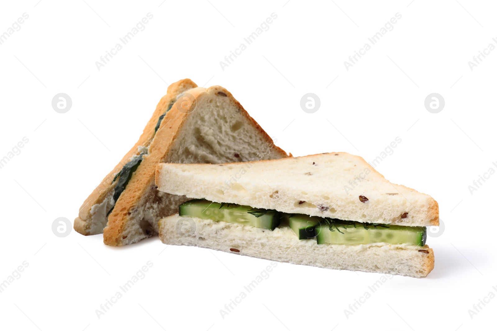 Photo of Tasty fresh cucumber sandwiches on white background