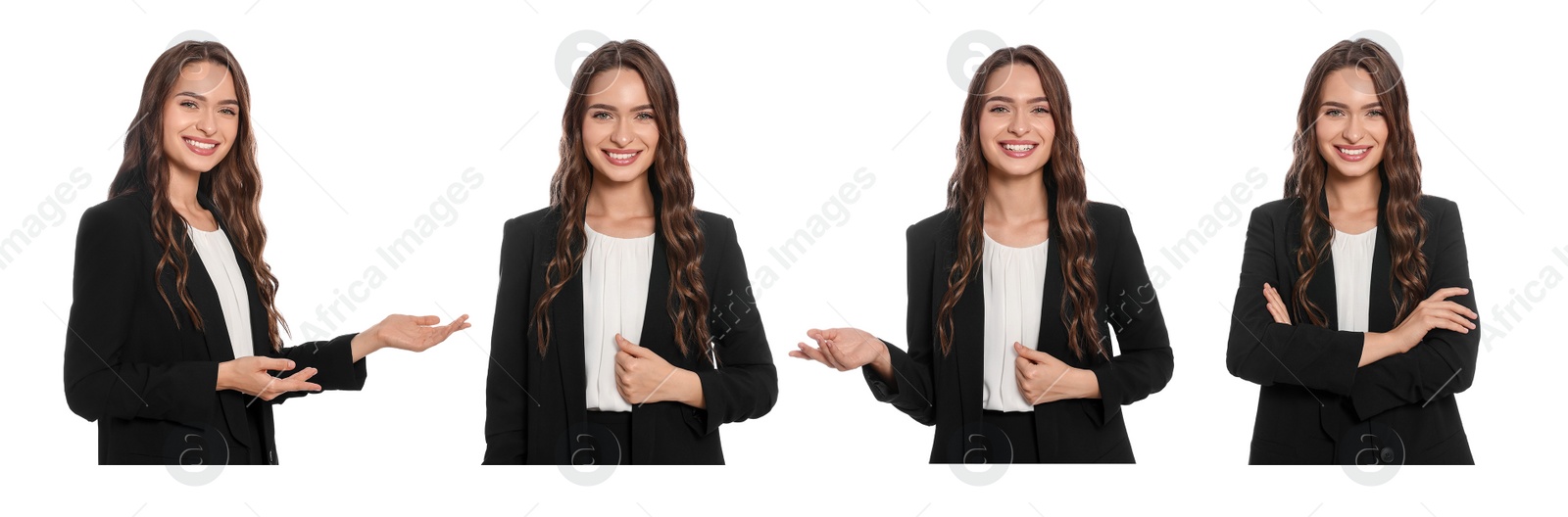 Image of Collage with photos of hostess in uniform on white background. Banner design