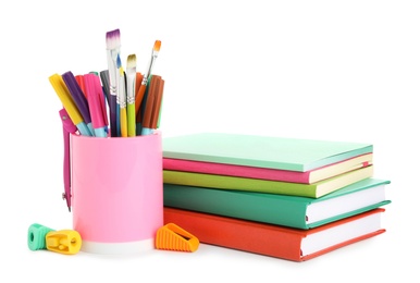 Photo of Set of colorful school stationery on white background