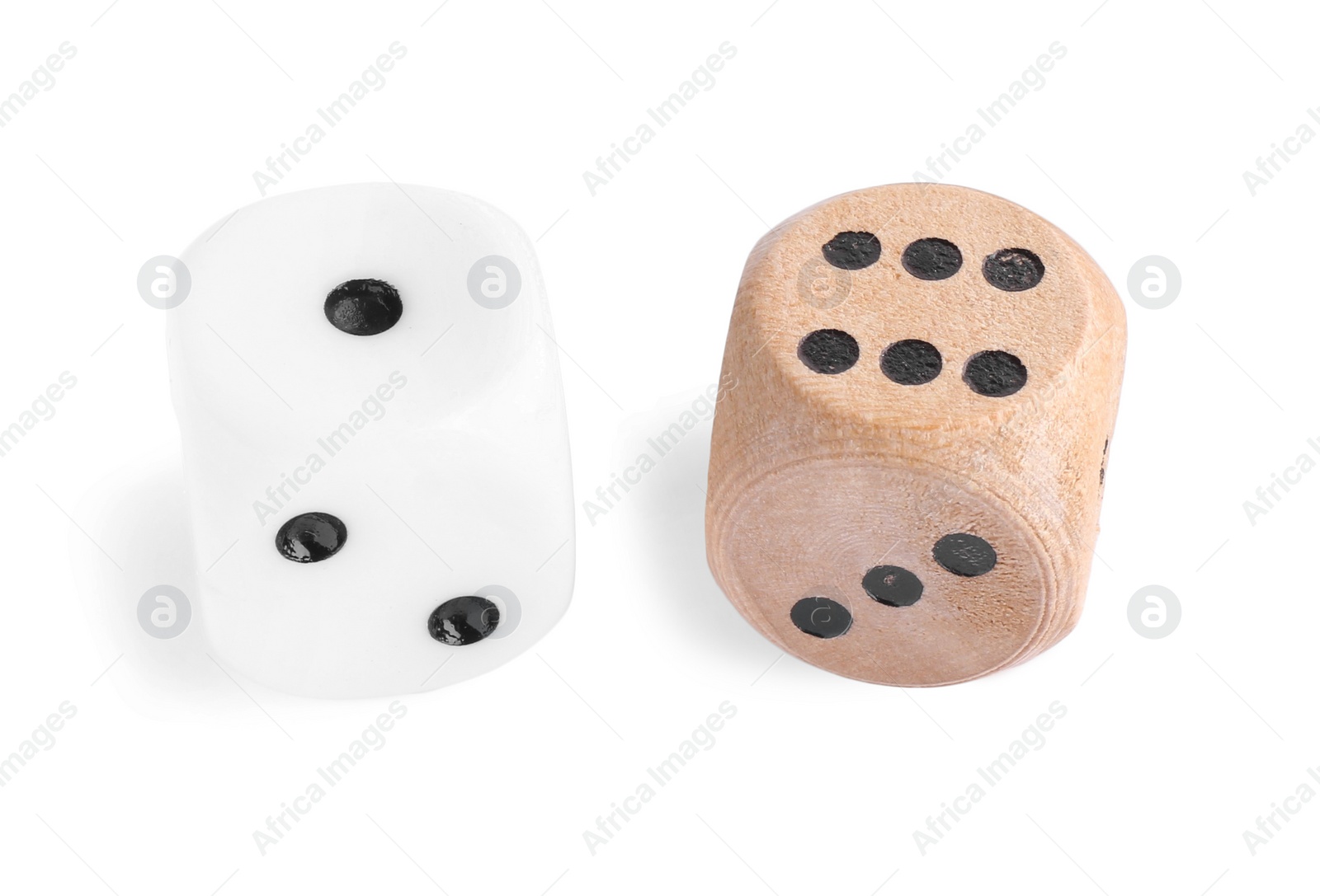 Photo of Two dices isolated on white. Game cubes