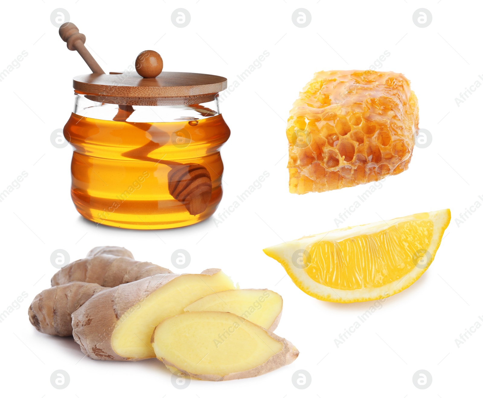 Image of Ginger root, lemon and honey on white background