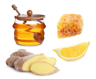 Image of Ginger root, lemon and honey on white background