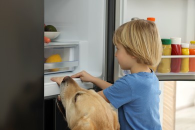 Photo of Little boy and cute Labrador Retriever seeking for food in refrigerator indoors