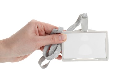 Photo of Woman holding blank badge with string on white background