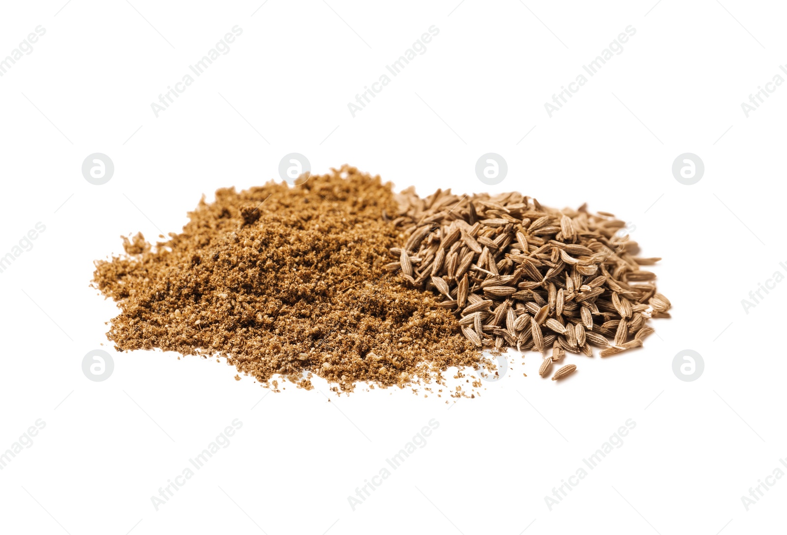 Photo of Heaps of aromatic caraway (Persian cumin) powder and seeds isolated on white