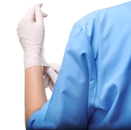 Photo of Female doctor putting on rubber gloves against white background, closeup. Medical object