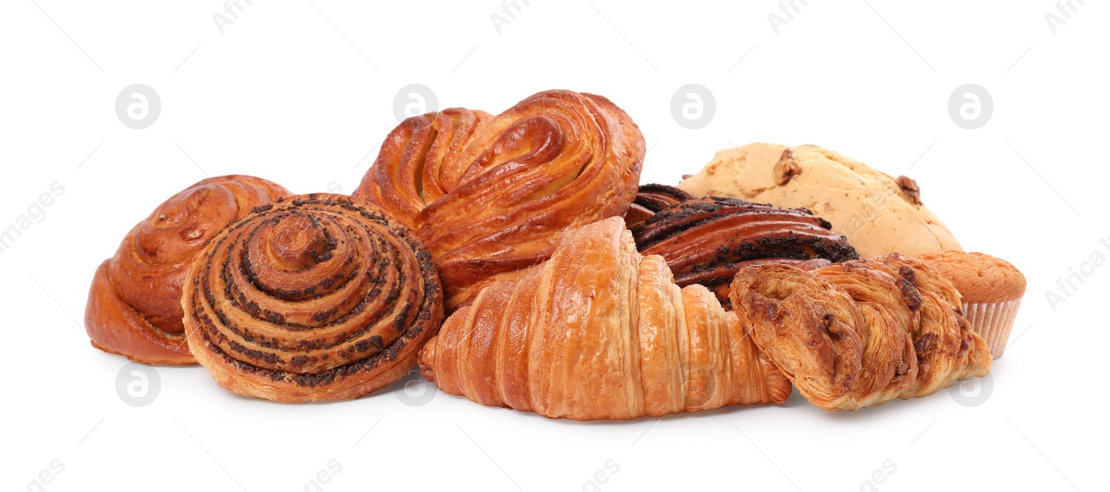 Photo of Different tasty freshly baked pastries isolated on white