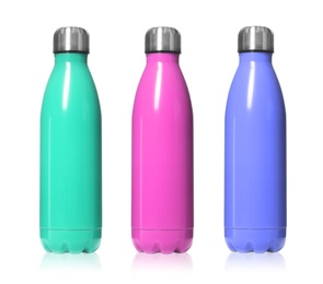 Image of Set of modern thermos bottles in different colors on white background 