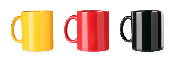 Image of Set with different ceramic mugs on white background. Banner design