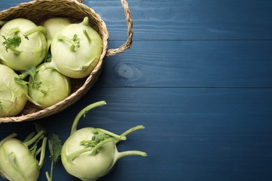 Photo of Whole kohlrabi plants on blue wooden table, flat lay. Space for text