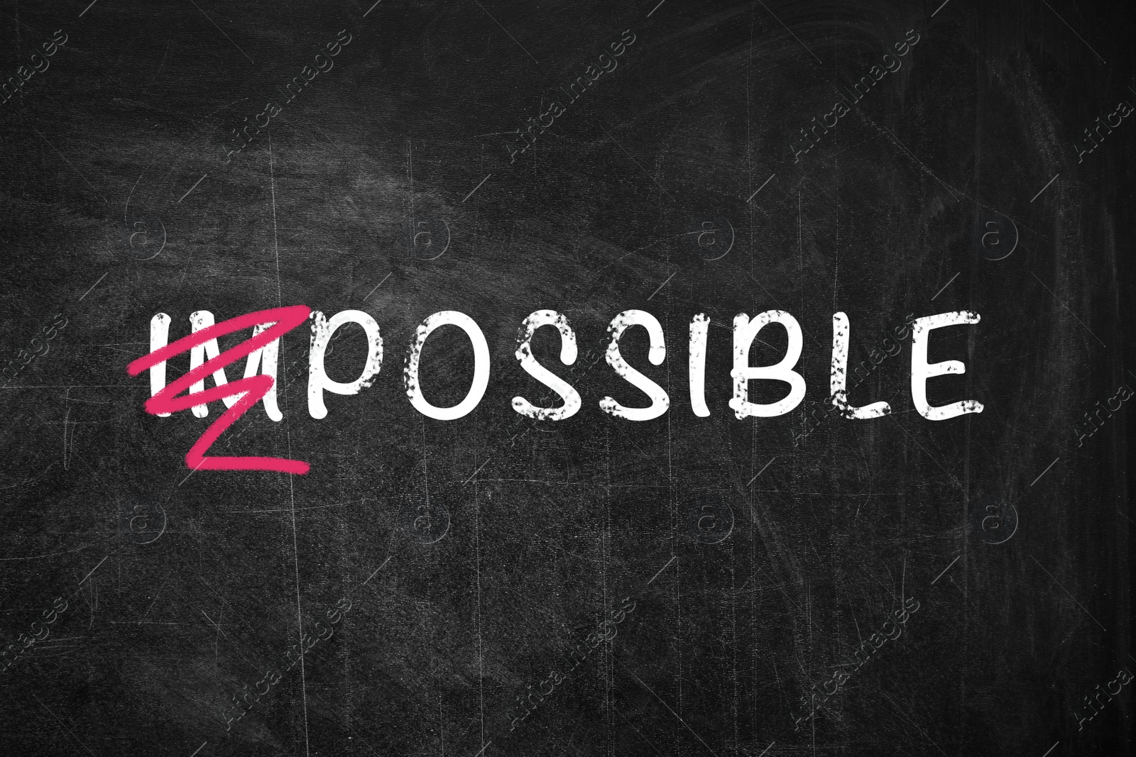 Image of Word IMPOSSIBLE with crossed out letters IM written on blackboard. Motivation and positivity