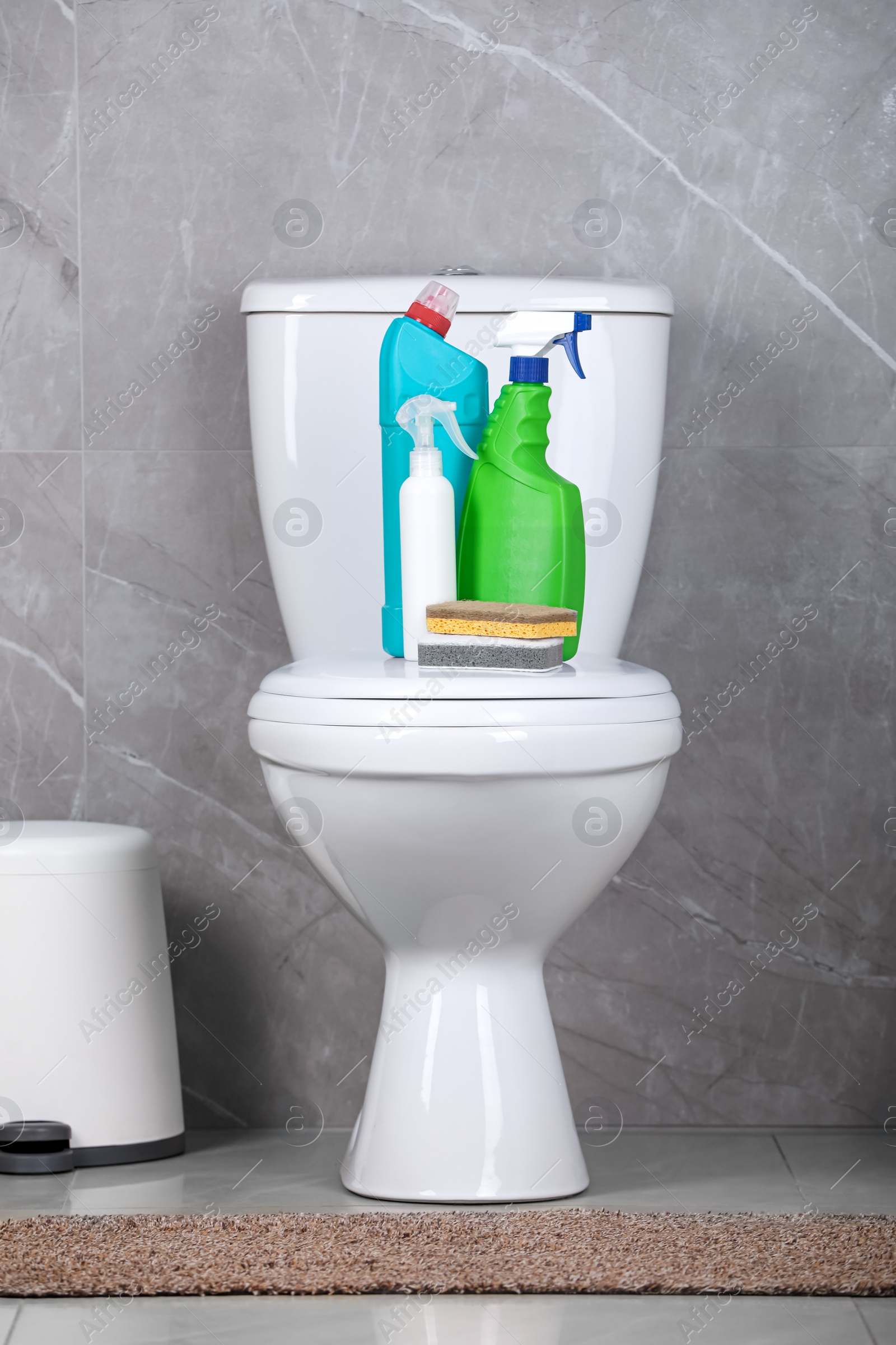 Photo of Cleaning supplies on toilet bowl in bathroom