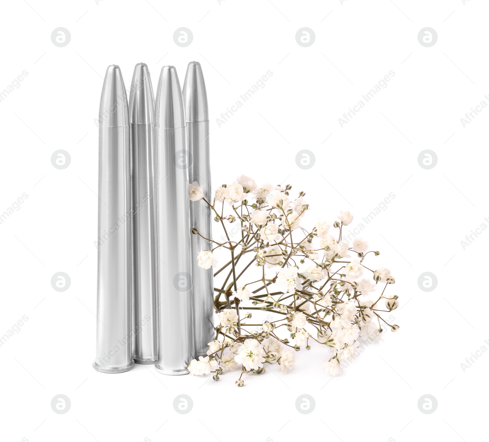 Photo of Bullets and beautiful flowers isolated on white