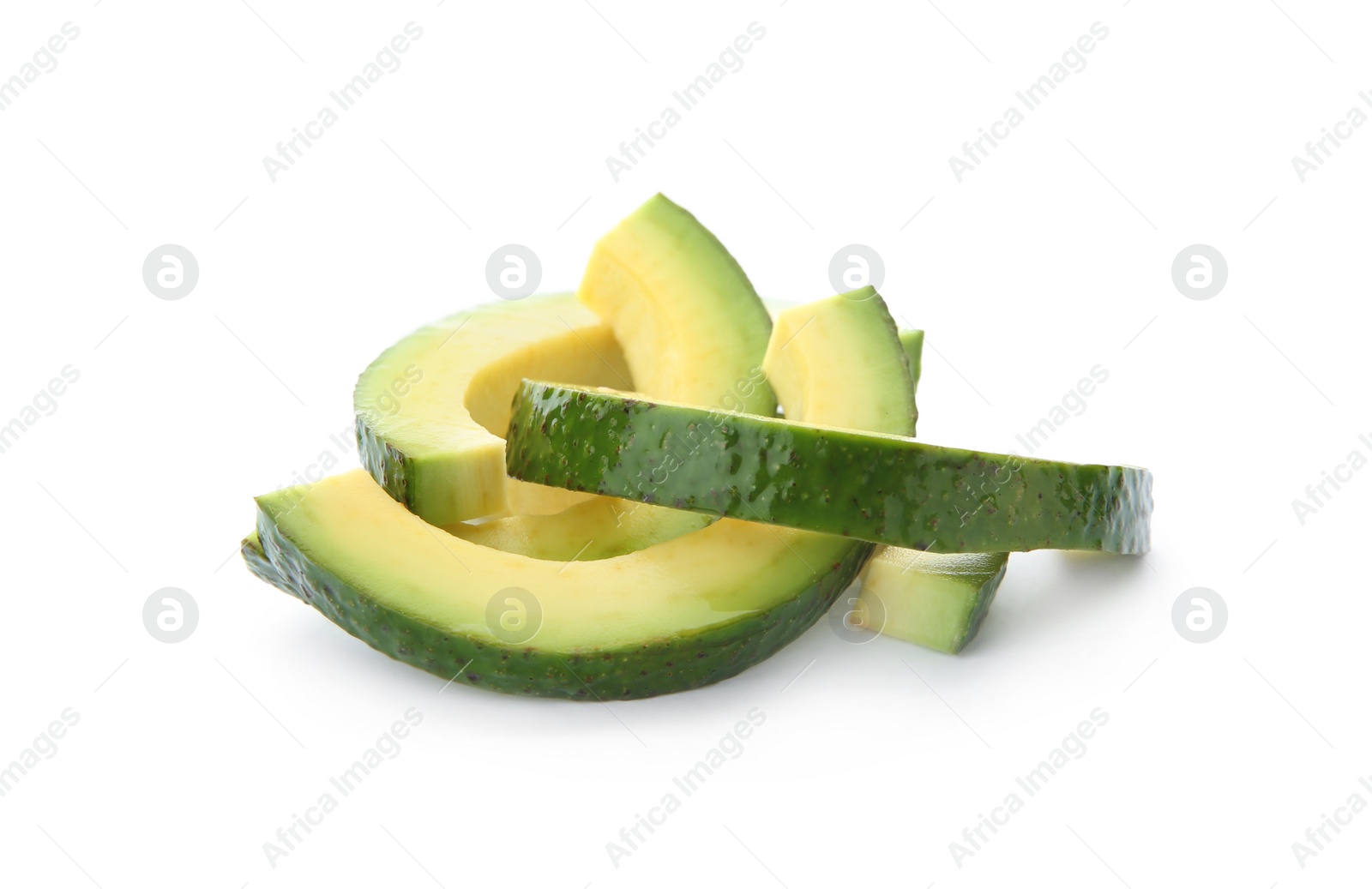 Photo of Slices of ripe avocado on white background