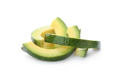 Slices of ripe avocado on white background