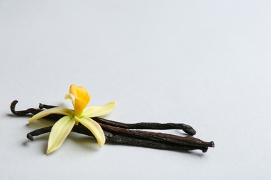 Photo of Vanilla sticks and flower on light background. Space for text