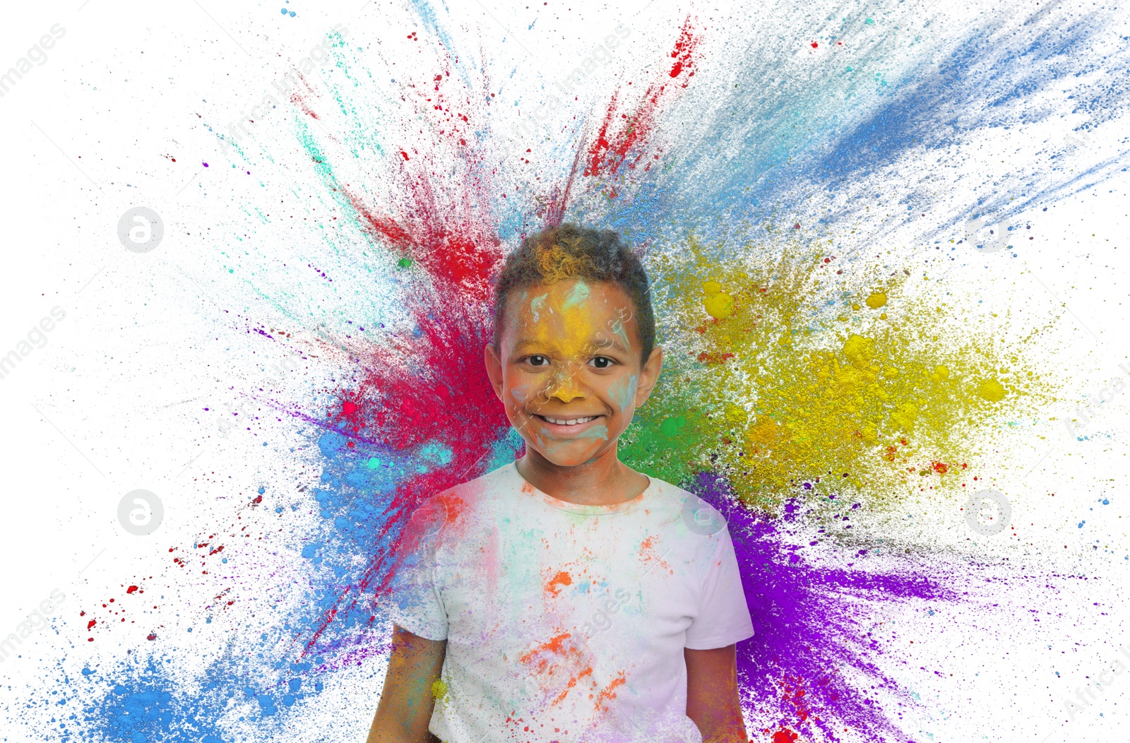 Image of Holi festival celebration. Happy boy covered with colorful powder dyes on white background