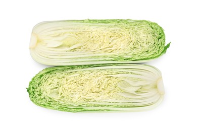 Photo of Halves of fresh Chinese cabbage isolated on white, top view