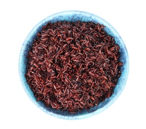 Photo of Bowl with delicious cooked brown rice on white background, top view