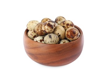 Wooden bowl with quail eggs isolated on white