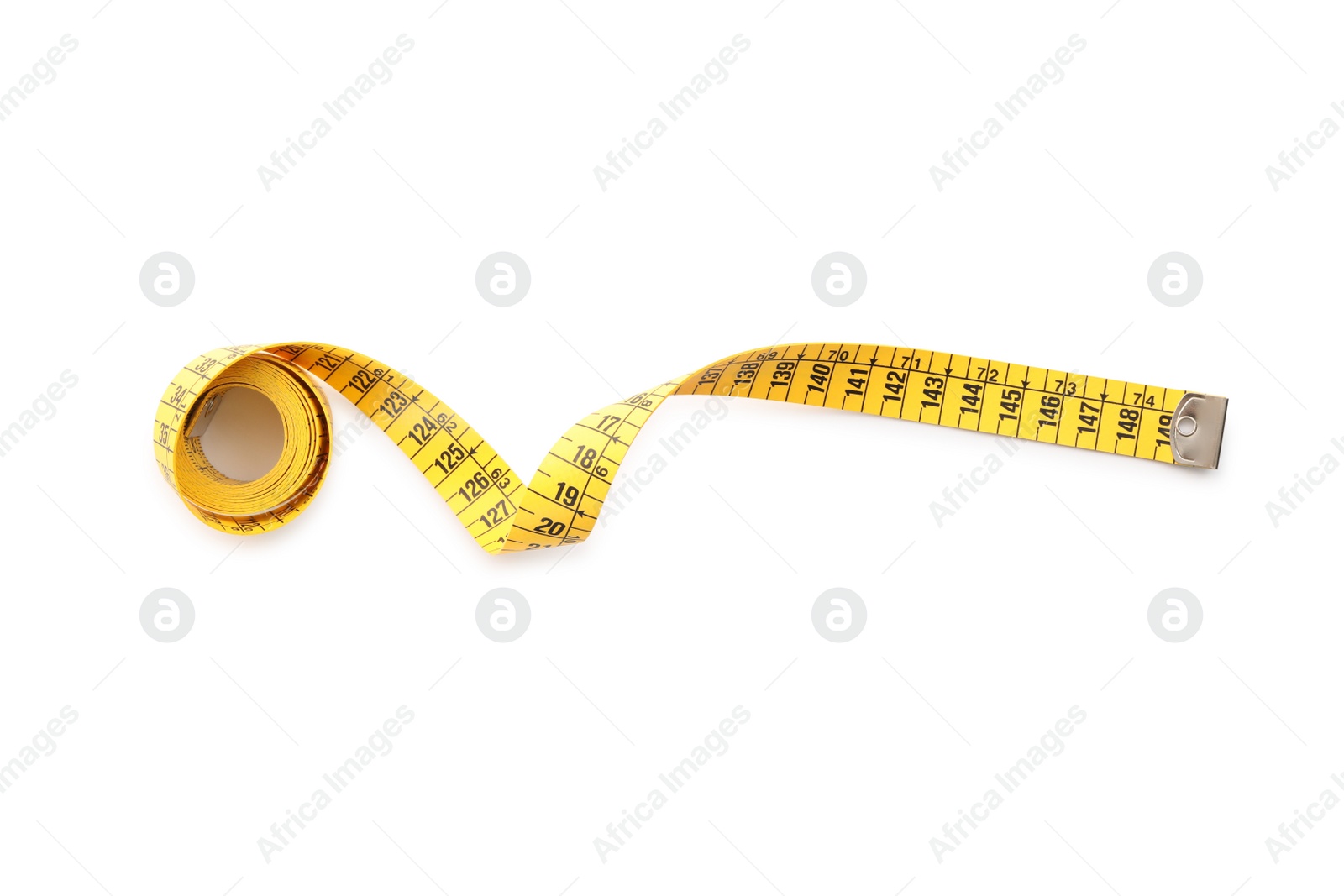 Photo of Long yellow measuring tape isolated on white, top view