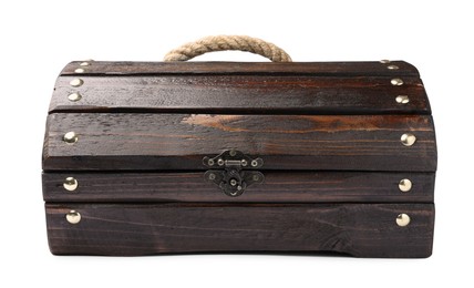 Photo of Closed old wooden treasure chest isolated on white